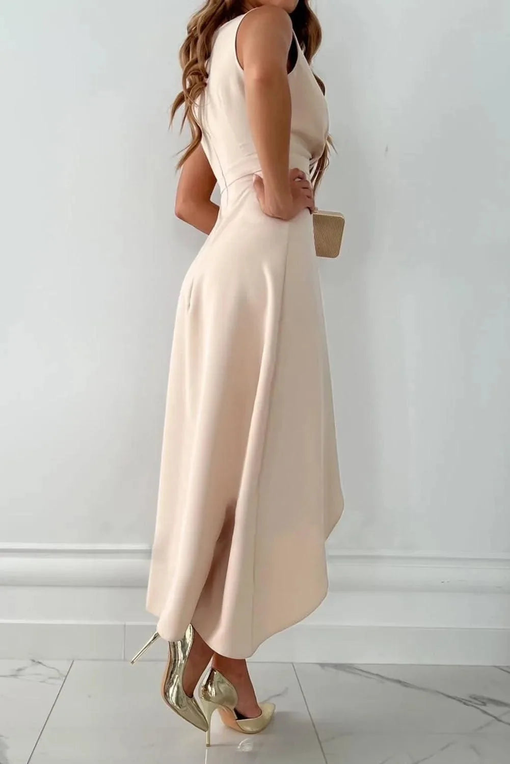 Cream Women's V-Neck Wrap Wedding Guest Dress — Monroe Asymmetric Midi Draped - Back Profile